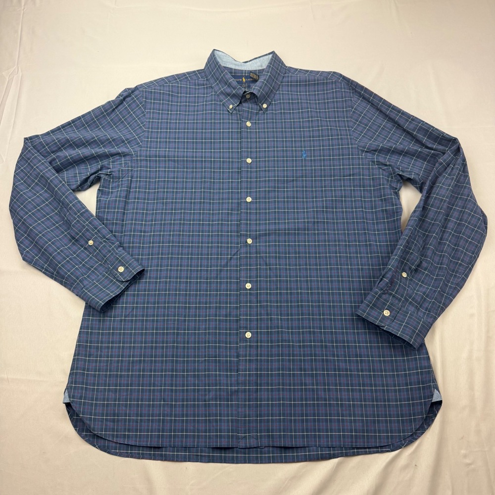 Polo Ralph Lauren Button Down Shirt Mens XXL Blue Plaid Slim Fit Long Sleeve